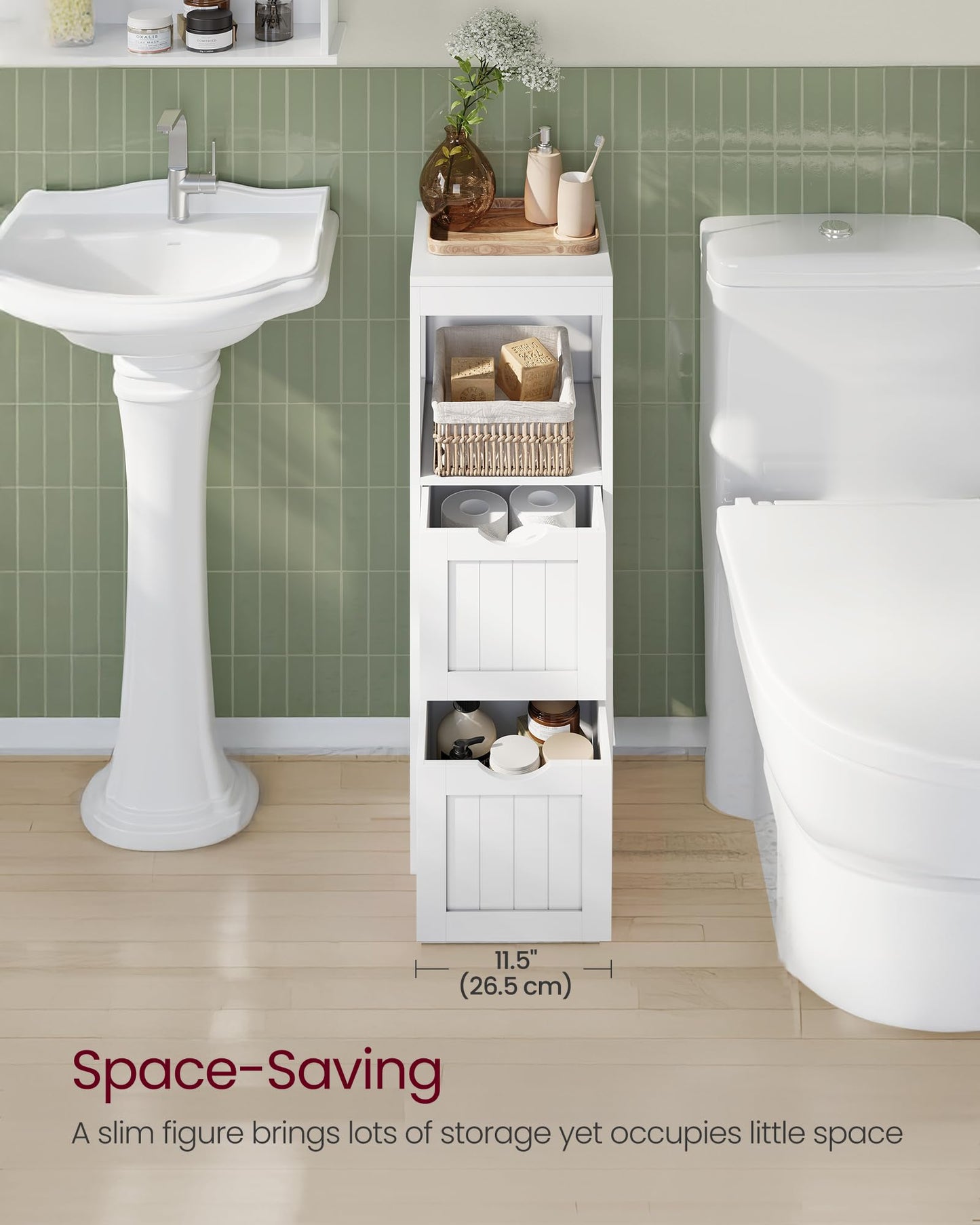 VASAGLE Storage Cabinet, Storage Organizer Rack Stand for Bathroom, Living Room, Multifunctional Corner Unit, 2 Drawers, 35 Inches in Height, White UBBC42WT