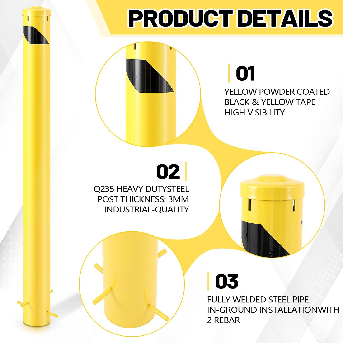 Blulu 1 Pcs 55" Pour in Place Safety Bollard Post, 4-1/2" OD Heavy Duty Steel Concrete Bollard with Removable Cap, Yellow Powder Coated Parking & Traffic Barrier