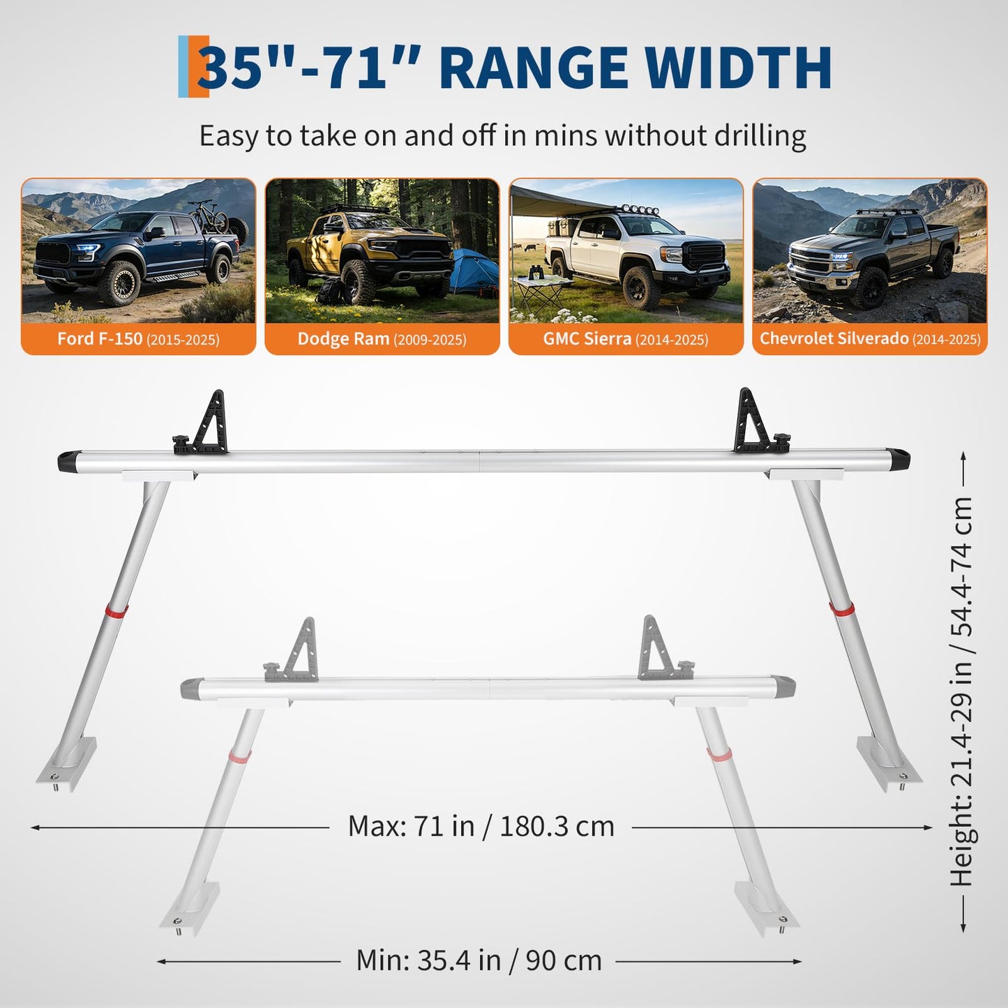 Truck Ladder Rack 35.4-71 Inch Adjustable Heavy Duty Pickup Bed Cargo System 800 LB Capacity Aluminum Kayak Lumber Work Equipment Carrier with Drilling Mount for Ford Chevy RAM