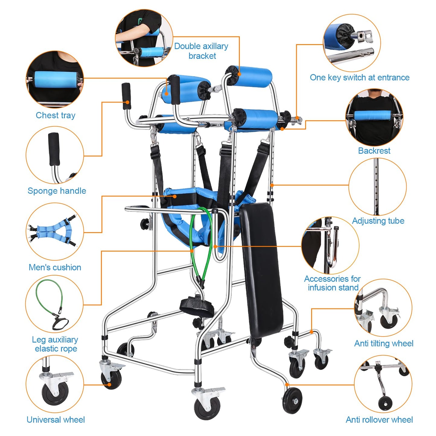 Adult Standing Walker for Seniors, Hemiplegia Standing & Lower Limb Training, Upgraded Double Pads, 8 Wheels Anti-Tilt Mobility Aid, Fits 58-71 in, withstands 220 lbs