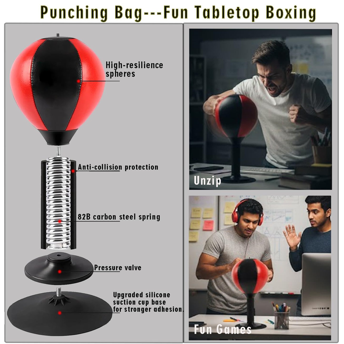 Desktop Focus Punching Bag for Stress Relief and Boxing Training, Heavy Duty Desk Punching Bag with Strong Suction Cup and Clamp Mount, Tabletop Exercise Equipment for Office and Home Workout