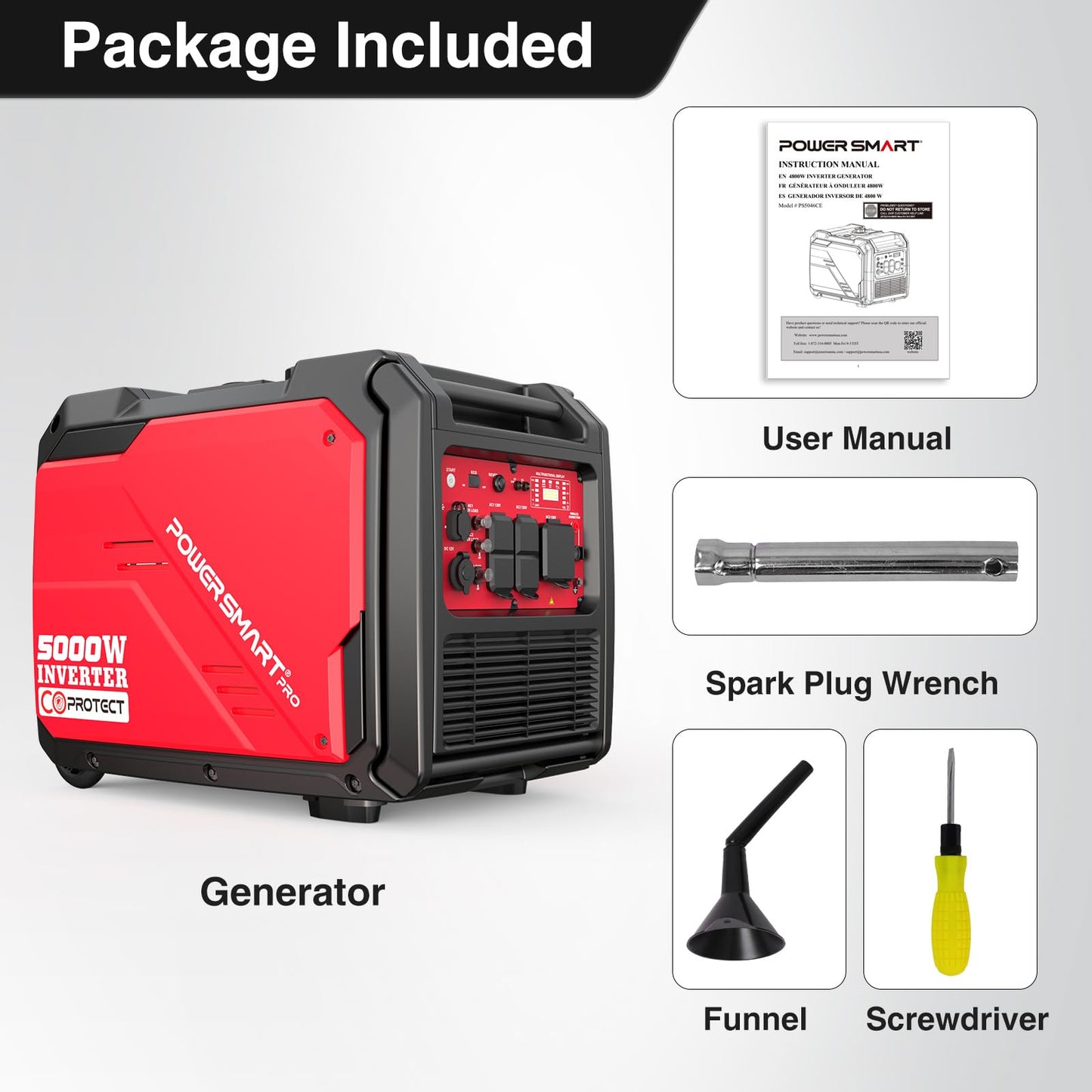 PowerSmart 5000W Portable Inverter Generator, Gas Powered Quiet with Electric Start & CO Alarm, 223cc Engine Eco-Mode Small Generator for Home Backup, Camping and RV Ready