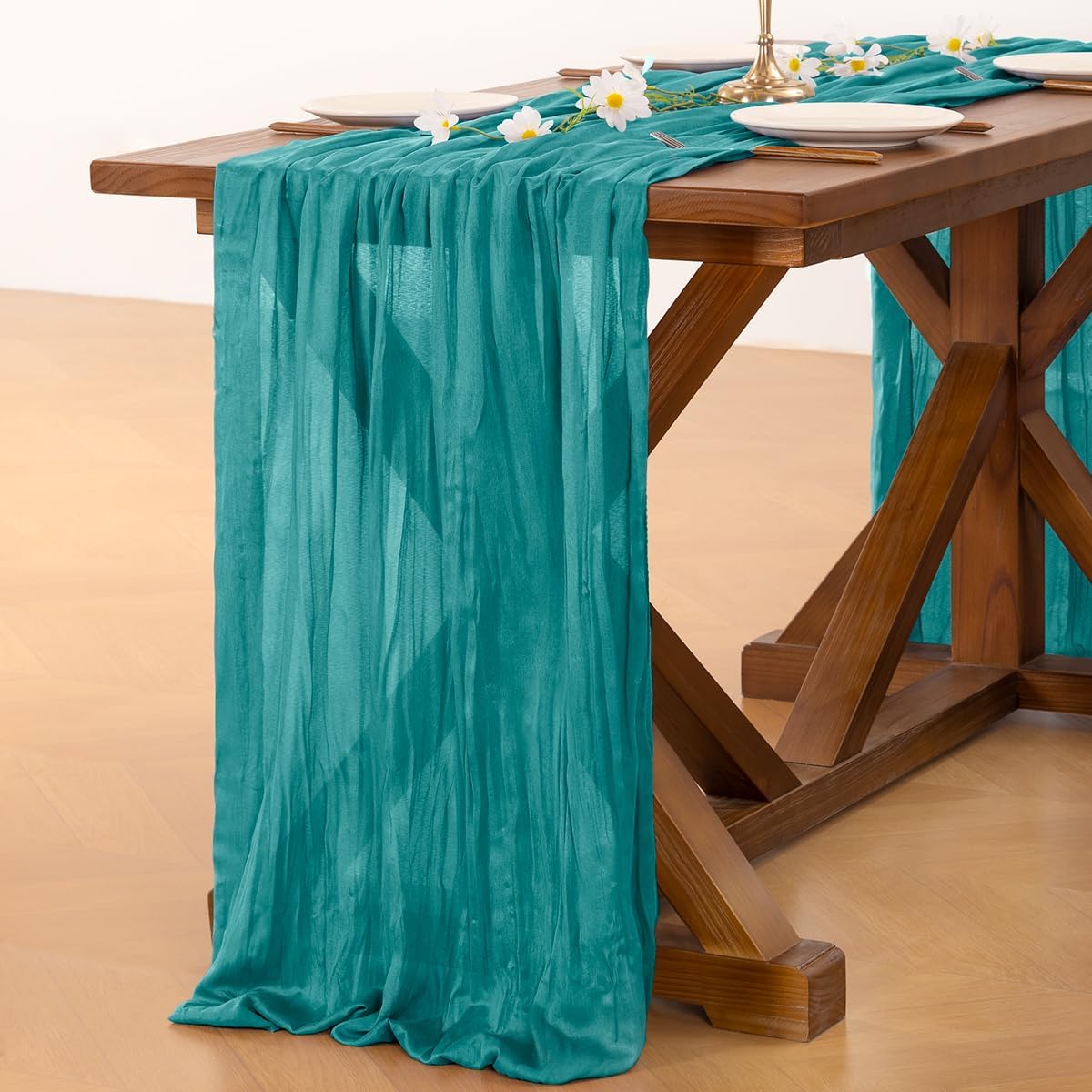 Socomi Teal Blue Cheesecloth Table Runner - 120 Inch Boho Rustic Gauze for Weddings & Events