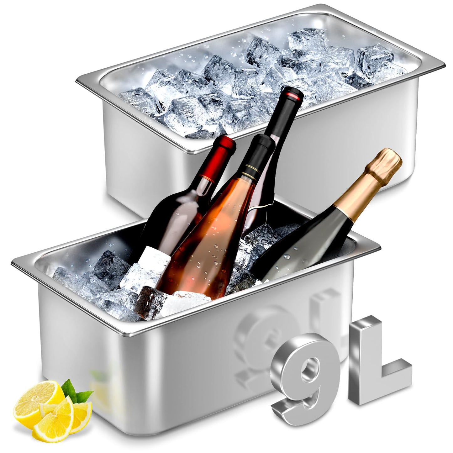 meekoo 2 Pack Ice Buckets for Freezer Wine Beer Champagne Bucket Stainless Steel Bin for Freezer Metal Drink Buckets Cocktails Wine Cooling for Mimosa Bar Supplies (9 Liters)