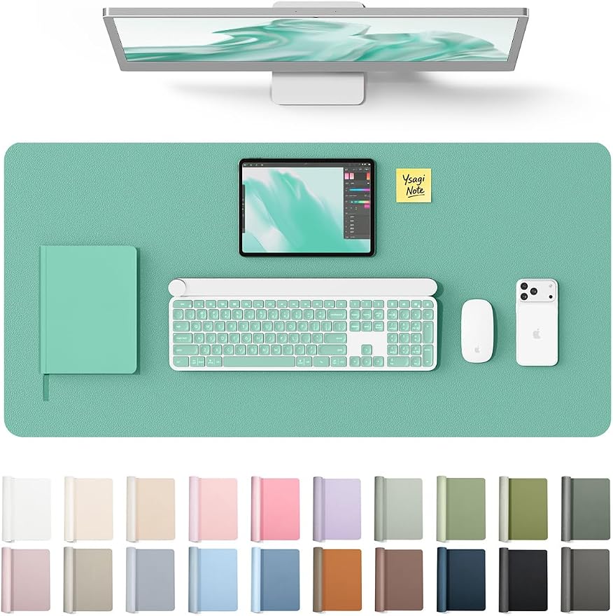 YSAGi Leather Desk Protector, Office Mat, Large Mouse Mat, Non-Slip PU Leather Blotter, Laptop Desk Mat, Waterproof Writing Pad for Office and Home (Green-Blue, 31.5" x 15.8")