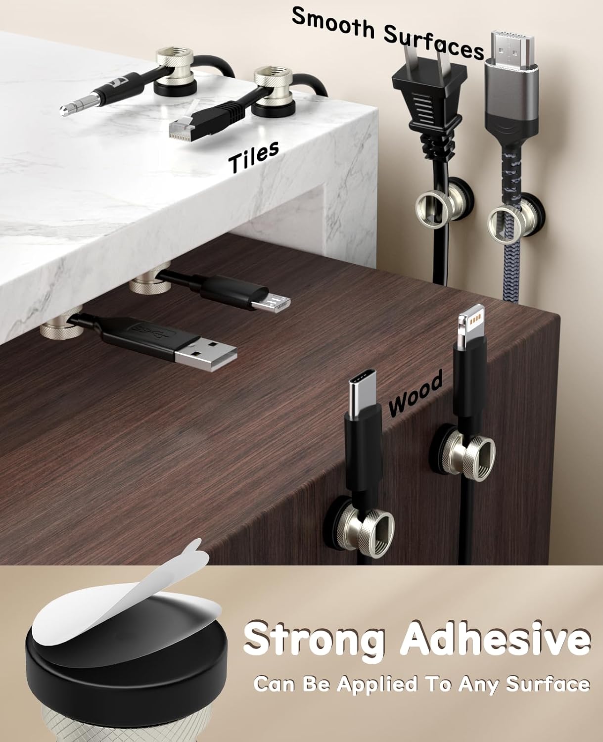 Maveek (4 Pack) Metal Magnetic Cord Holder, Magnet Cable Clips Stainless Steel Adjustable Cord Organizers for Desk