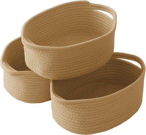 JMvicyroam Woven Basket - Small Rope Storage Bin with Handles | Versatile Organizer for Shelves & Closets (3 Pack)