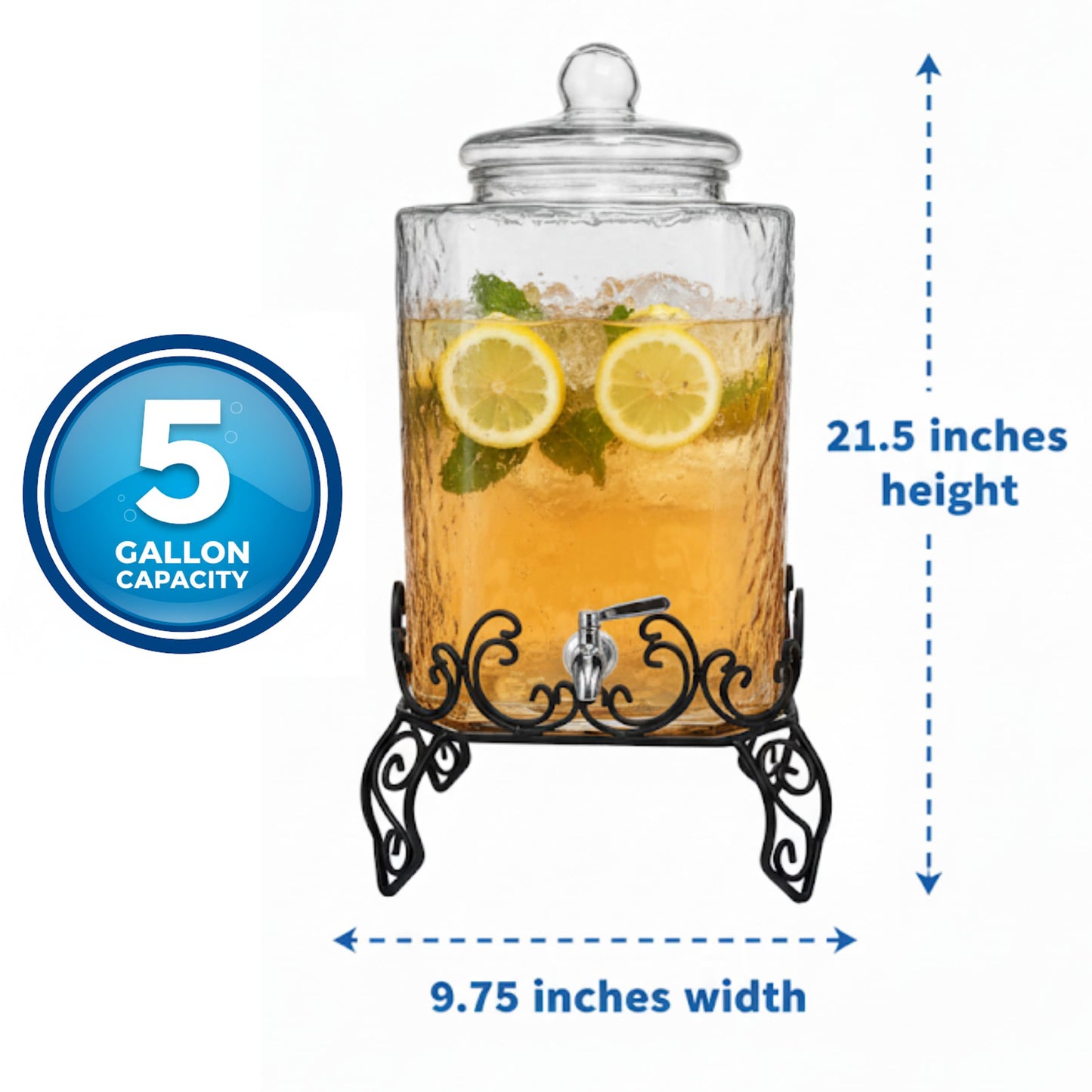 Extra Large 5 Gallon Glass Drink Dispenser with Stand and Stainless Steel Spigot – Event & Party Beverage Server for Water, Tea, Punch, and More