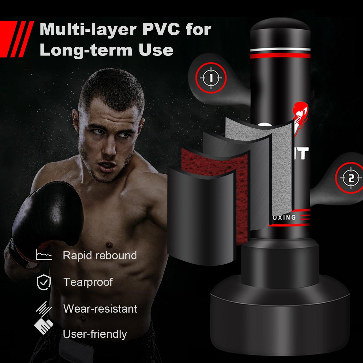 Upgraded Heavy Freestanding Punching Bag for Adults Teens, 70” Standing Punching Bag with Gloves, Pump and Jump Rope, Boxing Reflex Ball, Women Men Kickboxing Bags for Training MMA Fitness Home Gym