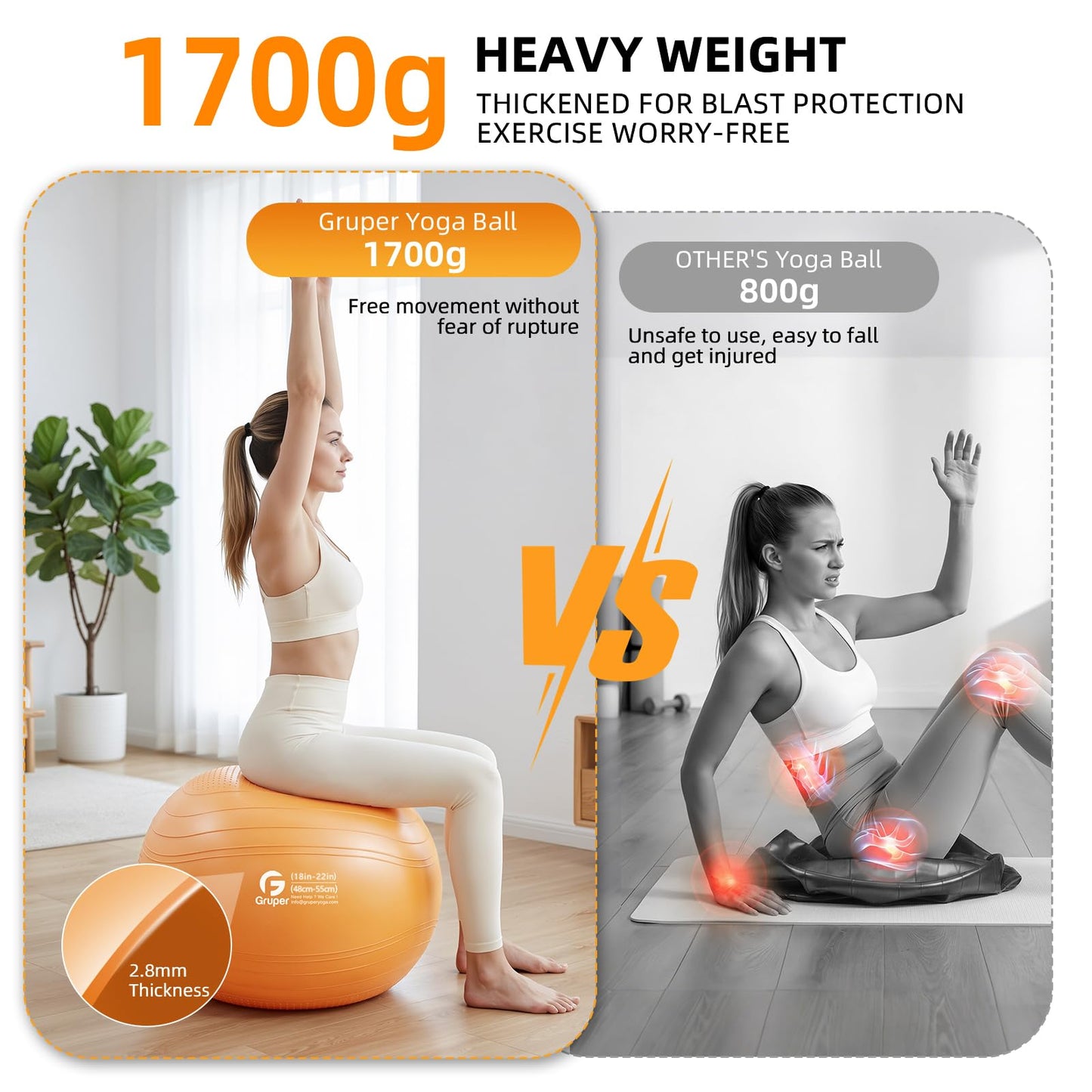 Gruper Yoga Ball, Extra Thick Non Slip Exercise Ball for Workout, Birthing, Balance, Stability, Pregnancy, 4 Sizes Anti Burst Chair for Home and Office, Includes Quick Pump & Fitness Guide