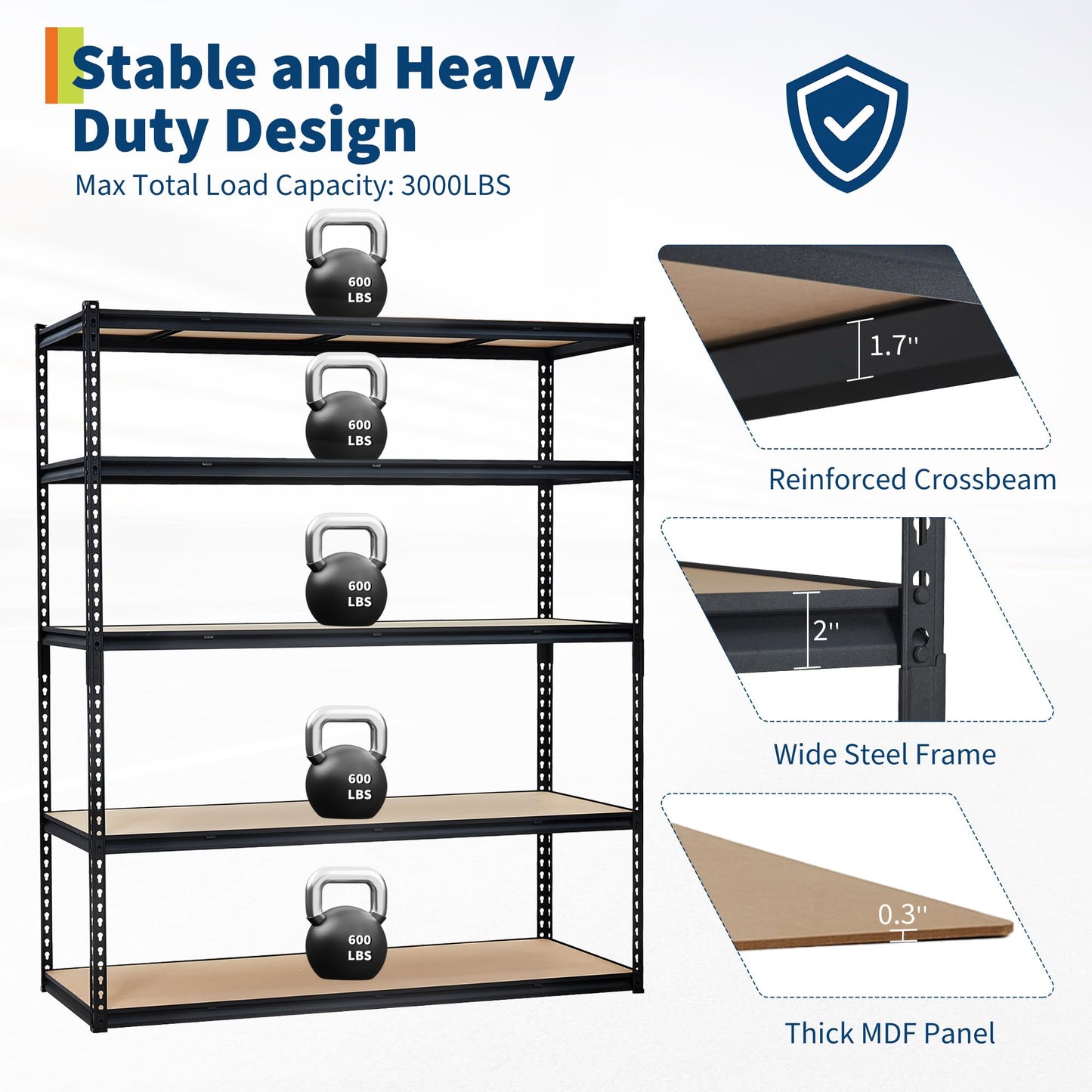 5-Tier Storage Shelving, Adjustable Garage Shelves, Meta Storage Shelving Unit with 3000 LBS Capacity, Steel Wire Rack Shelf Organizer for Garage, Kitchen Pantry Basement, 60 x 24 x 72 inch, Black