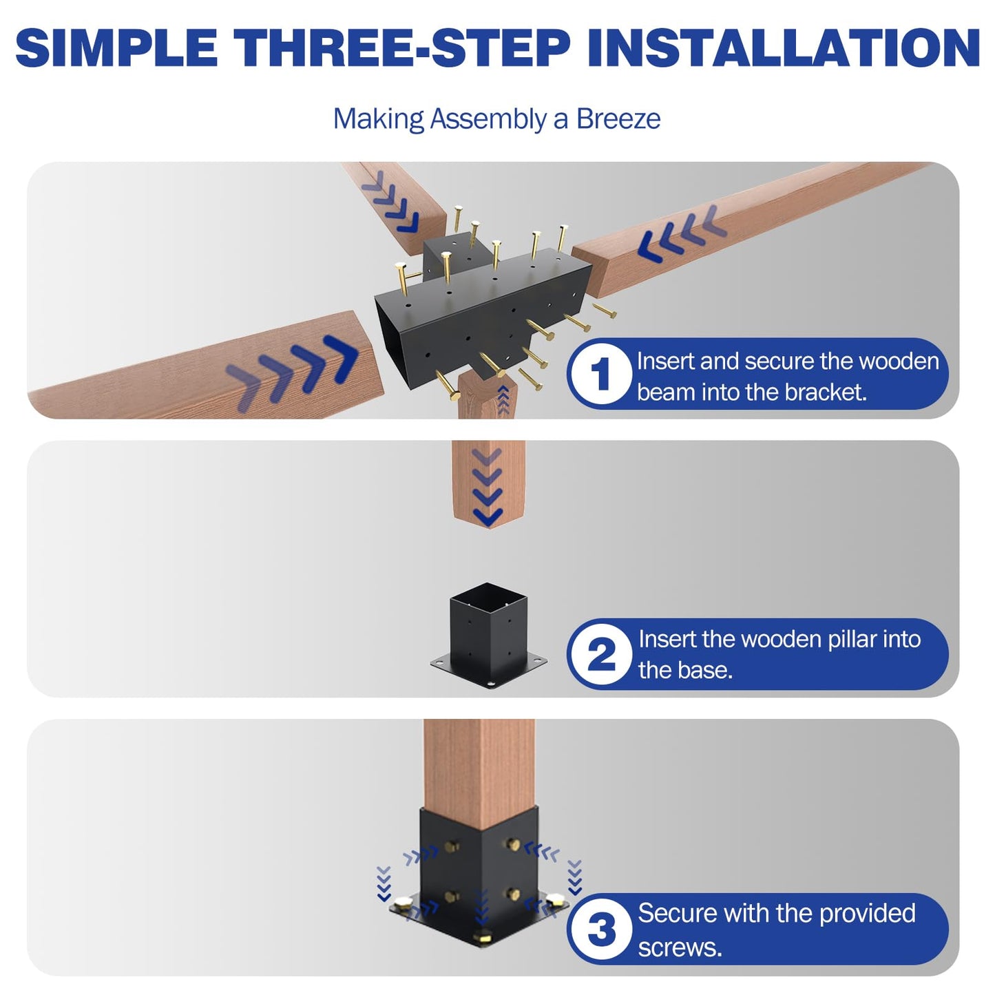 Pergola Kit, 15° 4-Way Slanted Roof Pergola Bracket Set, PowderCoated Roof Wall Mount Pergola Brackets 4" x 4" (Actual: 3.5x3.5 Inch), Pergola Hardware for Porch Gazebo Backyard (3 pcs), Black