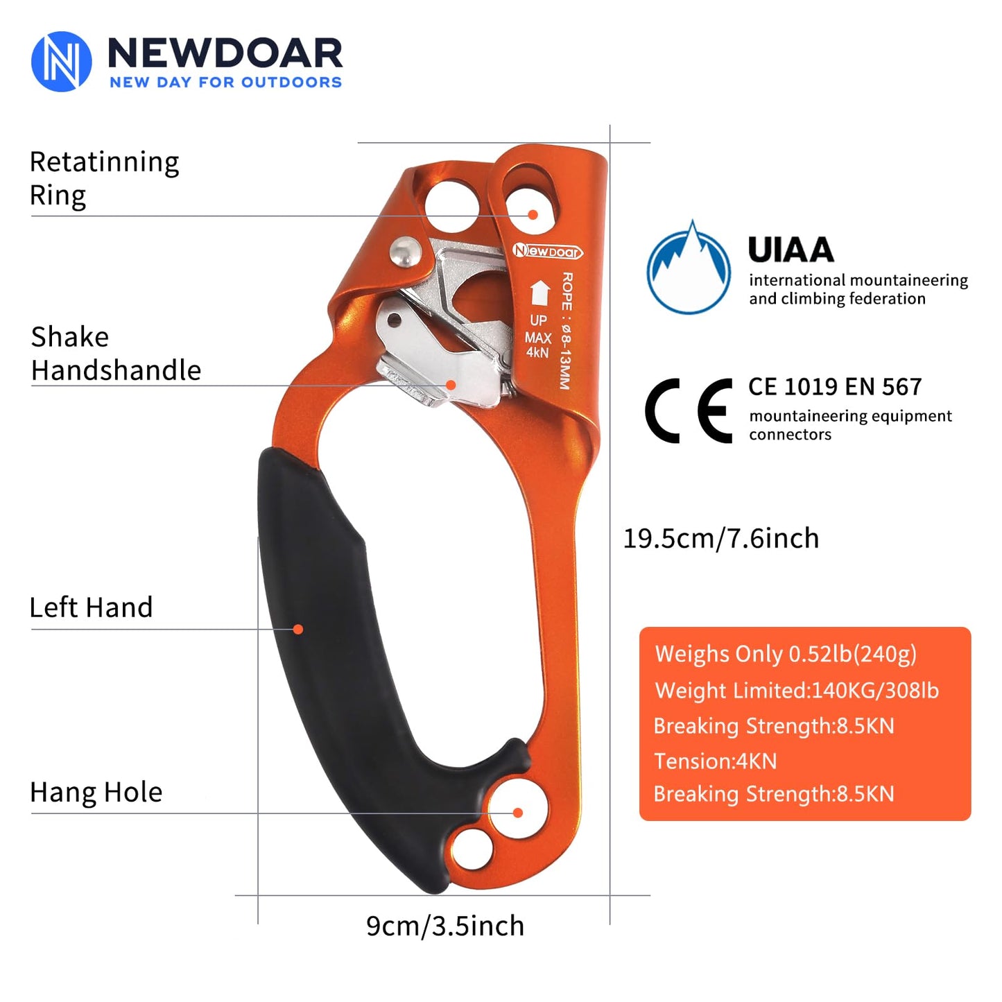 NewDoar Left Hand Ascender Rock Climbing Tree Arborist Rappelling Gear Equipment CE Certified Rope Clamp for 8~13MM Rope(Orange-Left)
