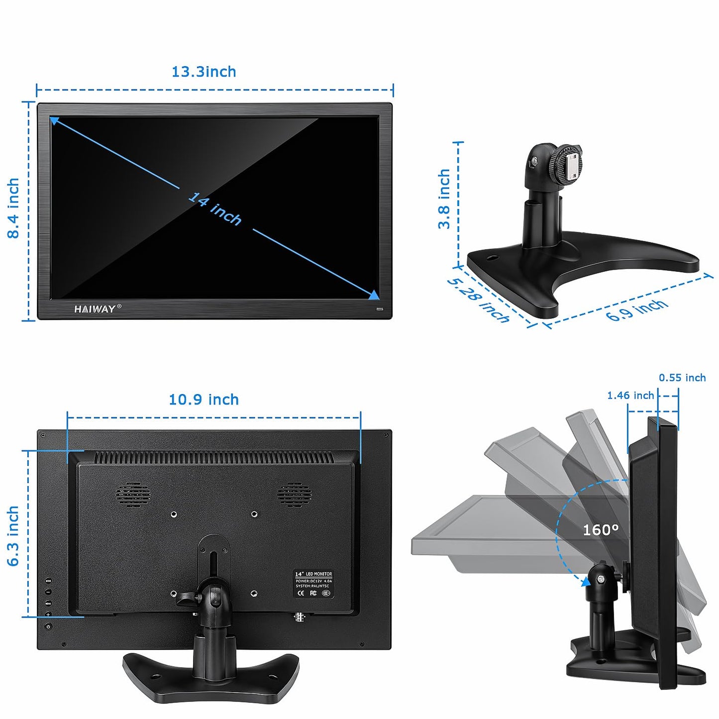 Haiway 14 Inch Security Monitor, 1366x768 Resolution Small PC Monitor Built-in Speakers with HDMI/VGA/BNC/AV Ports, Home Office Mini hdmi Monitors for Laptop, CCTV Camera, Gaming with Remote Control