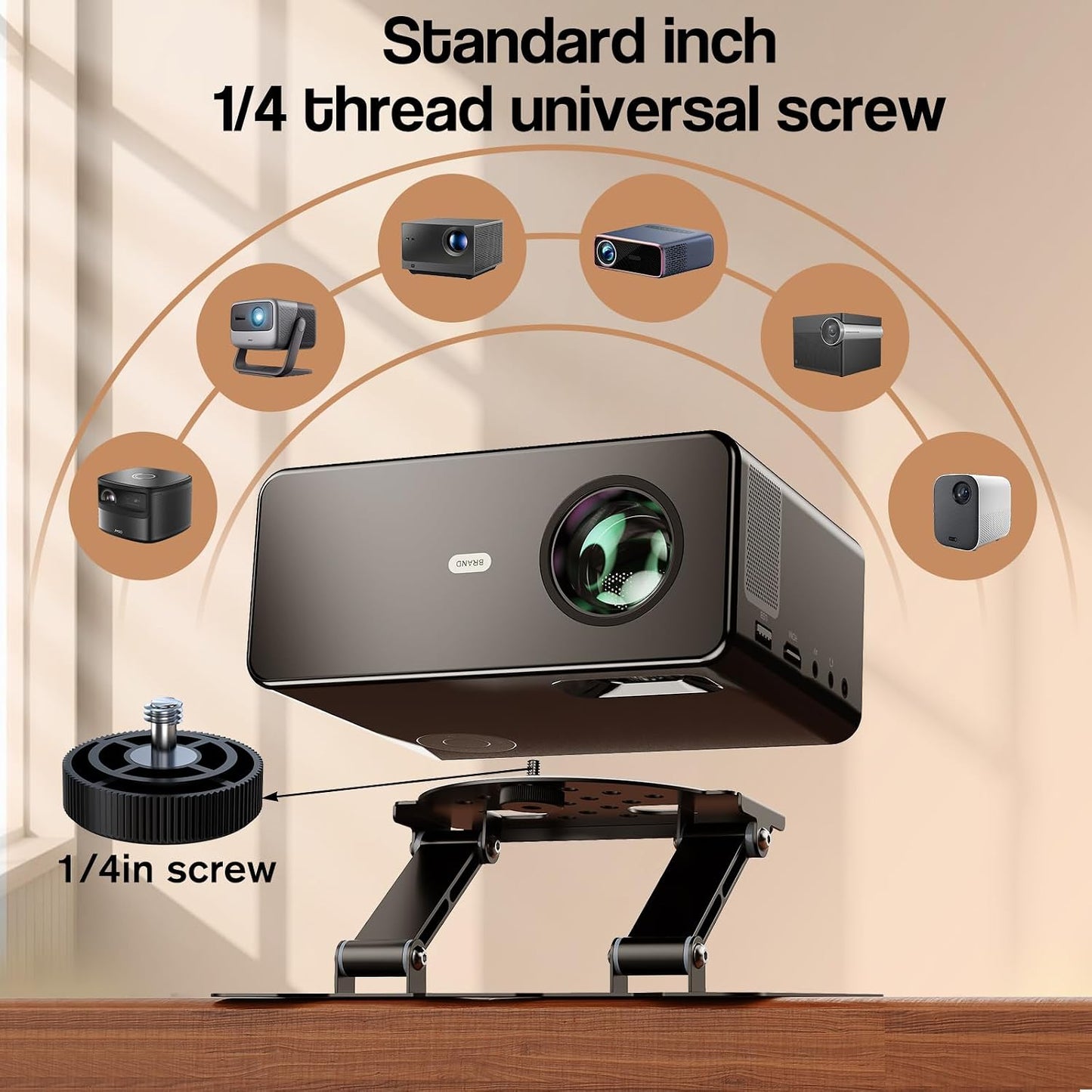 3-in-1 180 1/4" Adjustable Projector Mount Stand Universal Ceiling/Wall/Table Mount with Dual-Axis Rotation, Multi-Hole