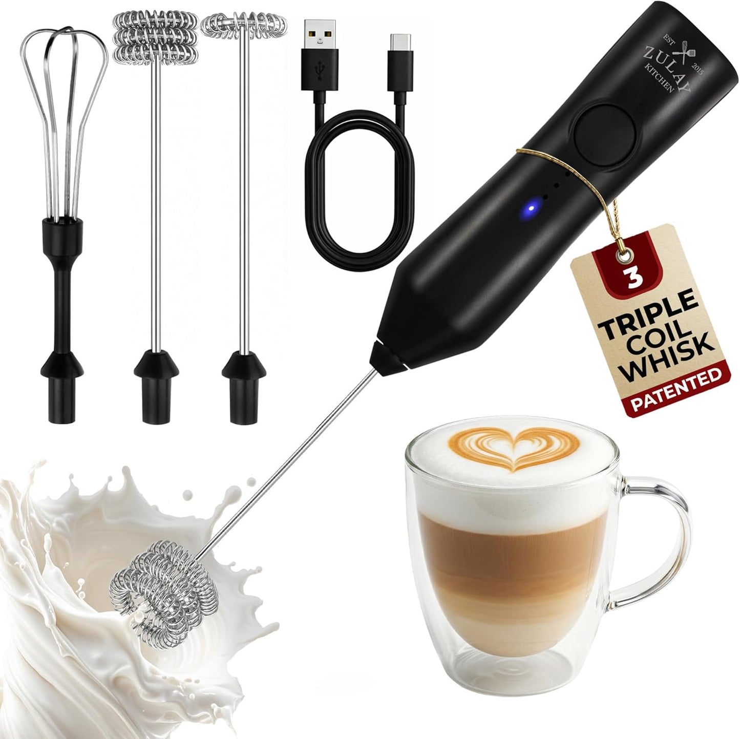 Zulay Kitchen Rechargeable Milk Frother - 3 Speeds & 3 Whisk Attachments - USB Charging for Lattes & Cappuccinos - Black