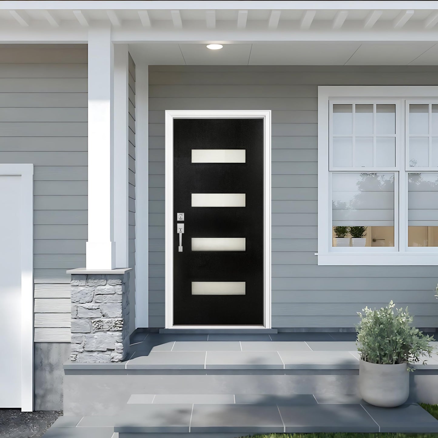 Fiberglass Entry Door 36x80'', French Exterior Door Right Hand Inswing Black Finished Frosted Glass Knock-Down Door, Vinyl Frame and Brickmould Included
