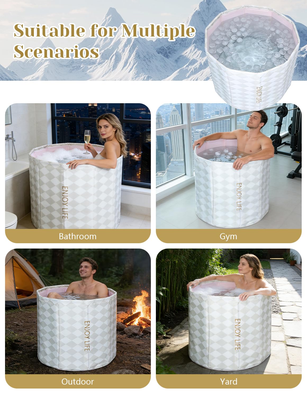 ALSKHEAS Portable Bathtub for Adults, Collapsible Freestanding Bathtub for Shower, Hot Ice Bath Tubs with Thickened Thermal Foam to Keep Temperature, PVC Outdoor Soaking Tub (Argyle)