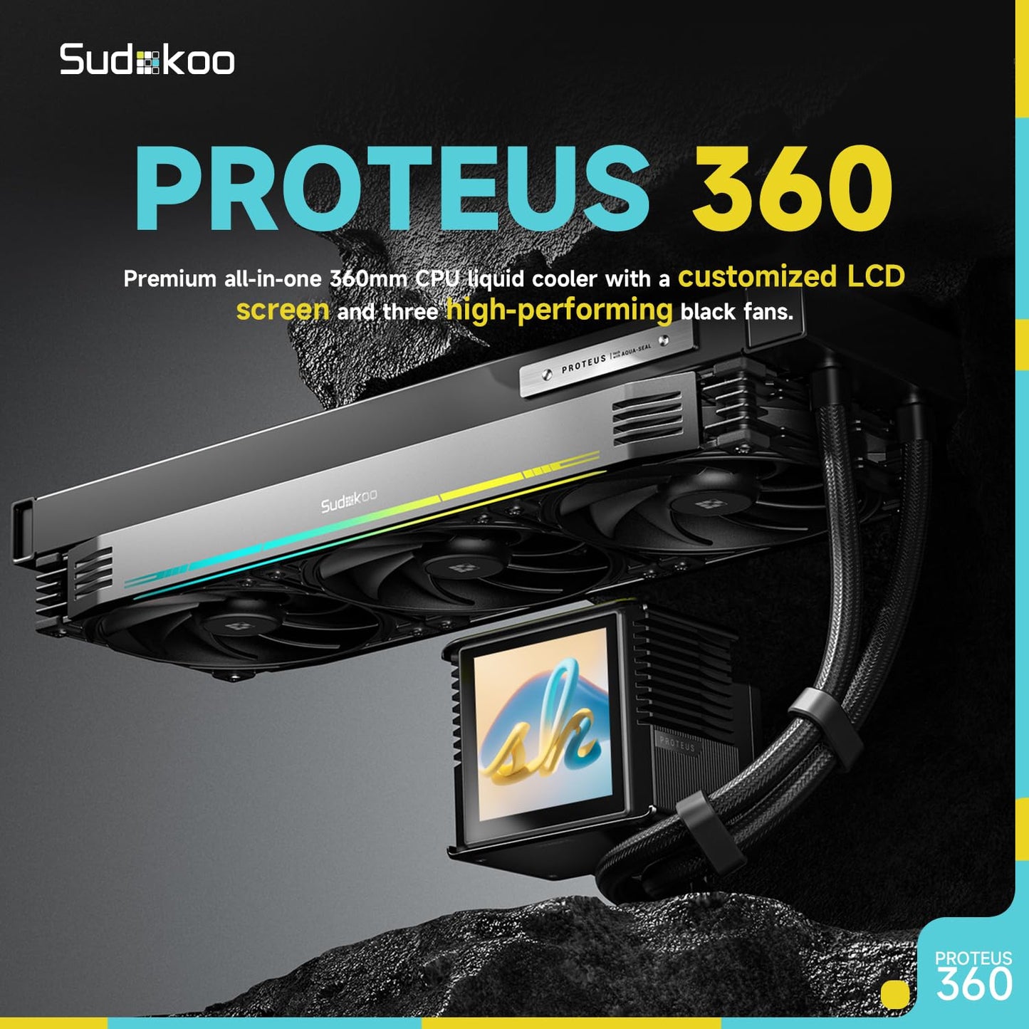 Sudokoo Proteus 360 Liquid CPU Cooler: 360mm AIO LCD CPU Cooler with Customizable 3.4" Digital Display - Water Cooling with 30mm Thick Fans for Intel LGA 1851/1700/1200/115X AMD AM5/AM4