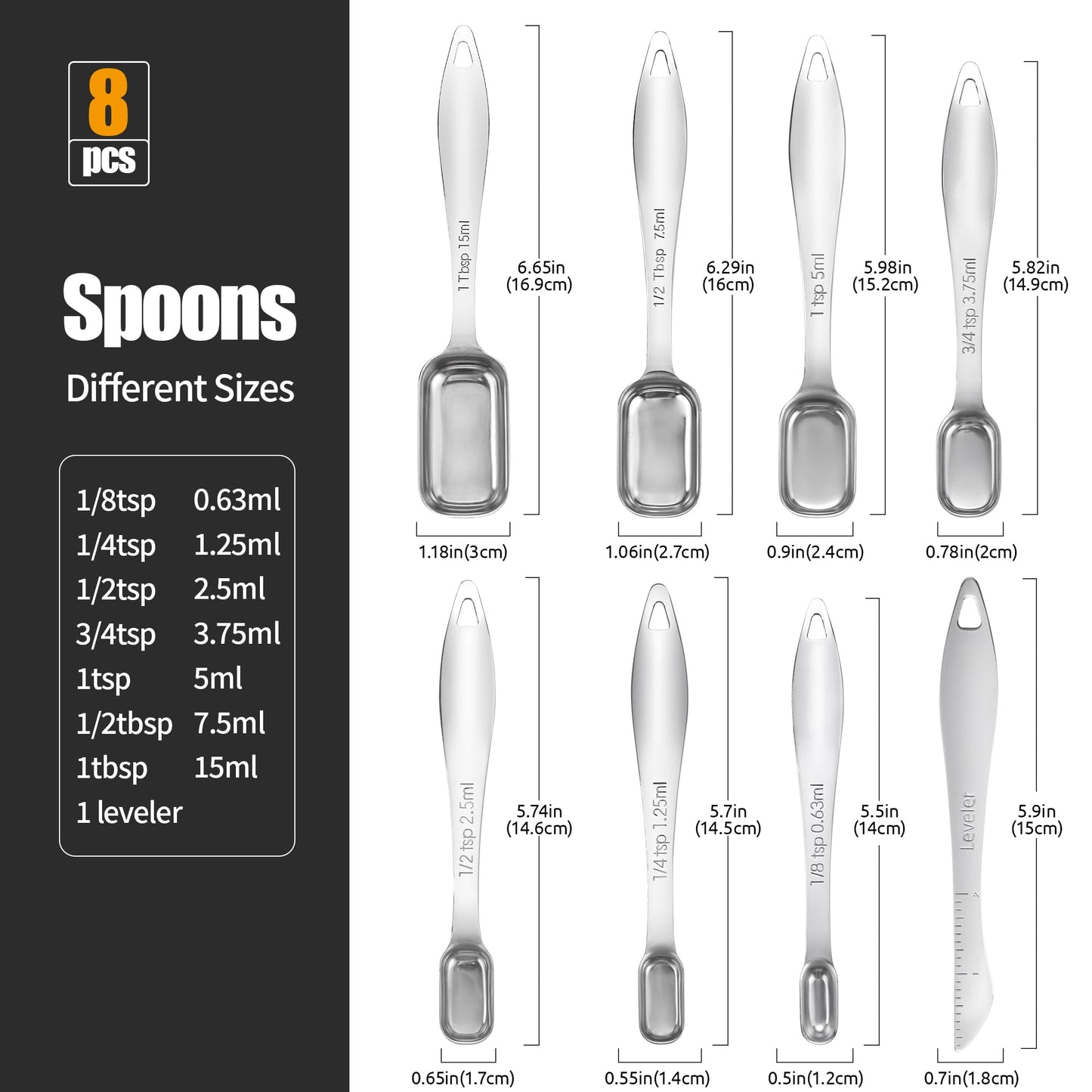 18/8 Stainless Steel Measuring Spoons: Doosu Heavy Duty Rectangular Spoon Square Teaspoon Tablespoon Scoop with Slim Long Handle in Narrow Spice Jar for Kitchen Baking Cooking (Set of 8 with Leveler)