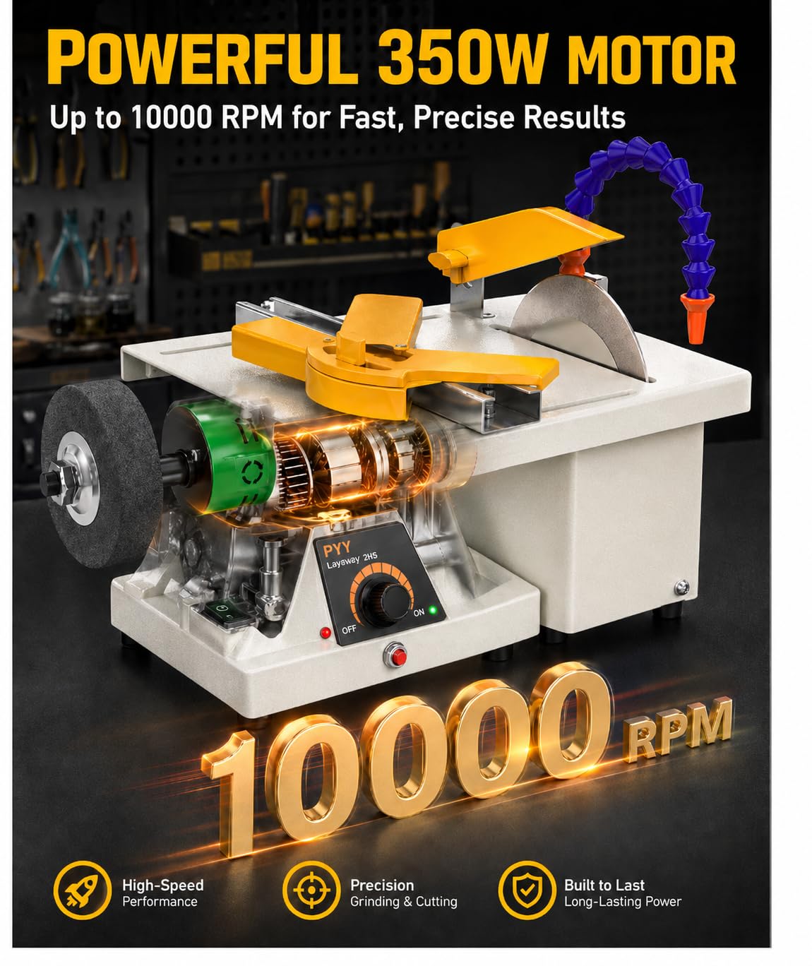 PYY Lapidary Saw - Jewelry Rock Saw w/Upgraded Diamond Blades Blade, 0-10000 RPM for Cutting Rocks & Polishing, DIY Art Project Lapidary Equipment,Apricot,350W