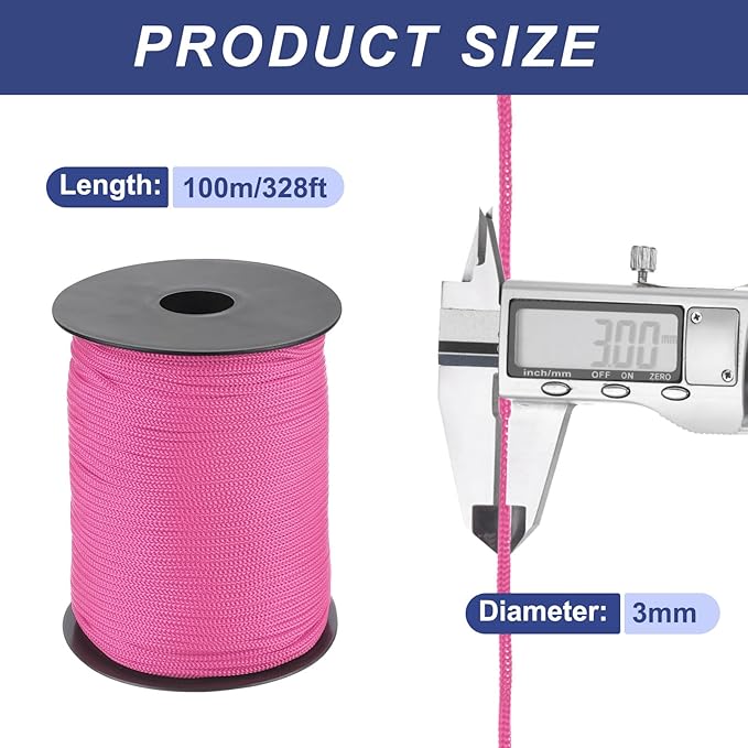 MECCANIXITY 1/8 Inch Polypropylene Rope Braided Ropes, 328ft Nylon Rope Hollow Utility Cord for Clothesline, Camping, Hiking, Outdoor, Dark Pink