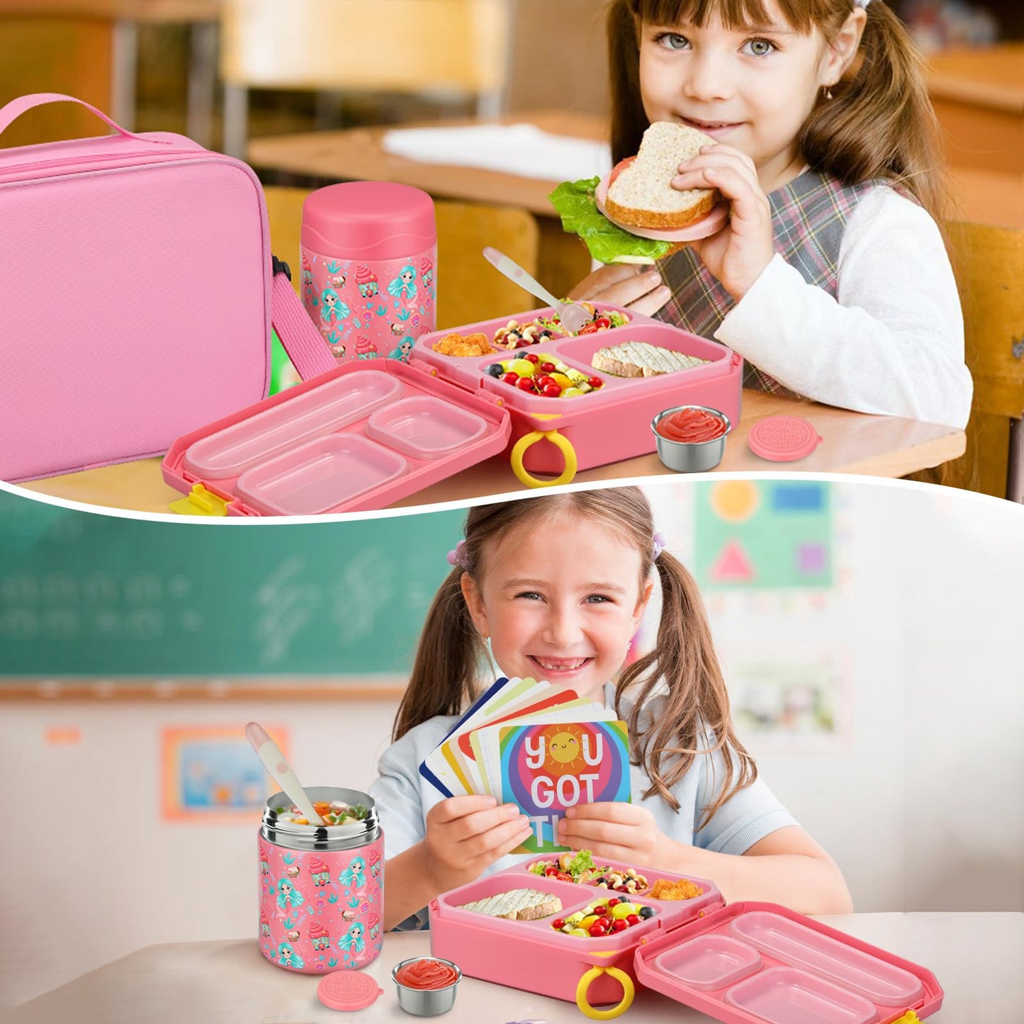 wiwens Bento Lunch Box for Kids with 12oz Soup Thermo Leak-Proof Lunch Food Container with 5 Compartment Thermo Hot Food Jar and Insulated Lunch Bag for Kid Toddler Girls Boys to School