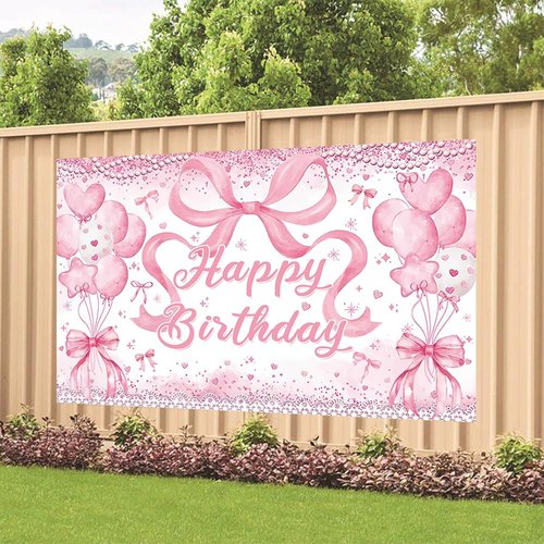 Cute Pink Bownot Birthday Party Backdrop Pink Bow Balloon Happy Birthday Banner Photography Background for Girls Teens Party Supplies 70.8 x 47.2 Inch