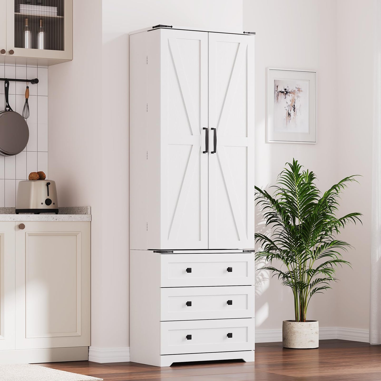 72'' Tall Kitchen Pantry Cabinet, Freestanding Tall Cupboard Storage Cabinet with 2 Barn Doors & 3 Drawers, Adjustable Shelves, Large Farmhouse Pantries for Living Room, Dining Room