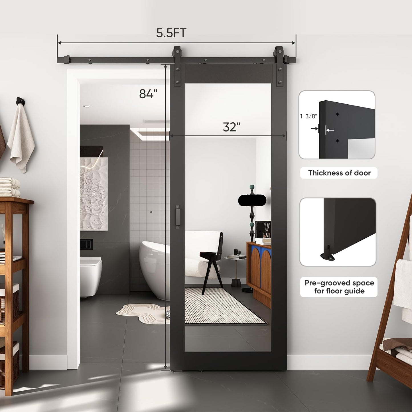 BARNSMITH 32in x 84in Mirror Barn Door with 5.5FT Sliding Door Hardware Kit Included, 1 Lites Full Length, Solid Wood Water-Proof PVC Surface,No Assembly Required,Black