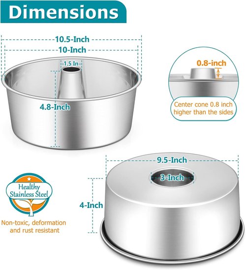 E-far Angel Food Cake Pan - 10-Inch Stainless Steel Tube Pan for Perfect Pound & Chiffon Cakes | Non-Toxic & Dishwasher Safe