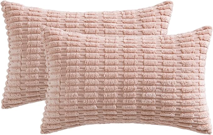 MIULEE Pack of 2 Corduroy Decorative Throw Pillow Covers 12x20 Inch Soft Boho Striped Pillow Covers Modern Farmhouse Home Decor for Spring Sofa Living Room Couch Bed Pink
