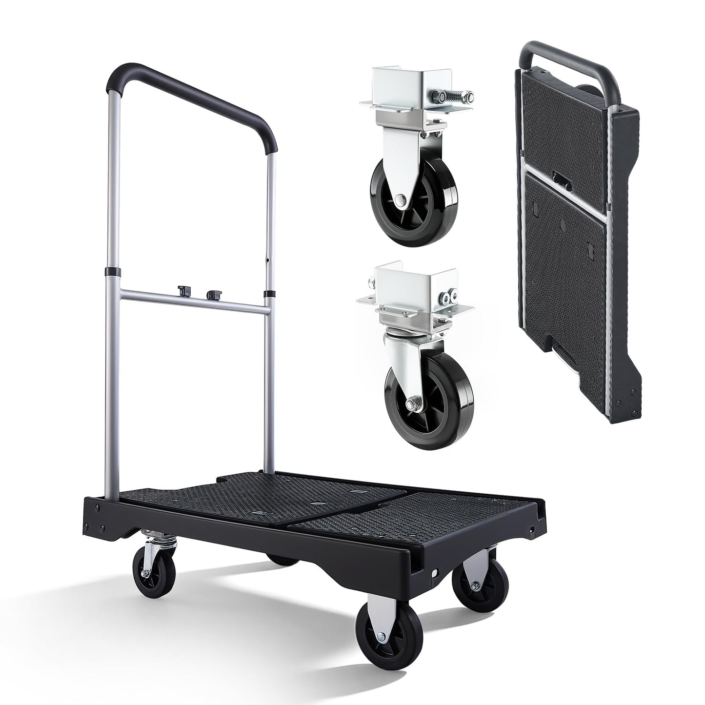 VEVOR Foldable Utility Cart, 330LBS Portable Dolly Cart with Telescoping Handle for Boxes, Crates, Groceries, Folding Platform Truck with 360° Swivel Wheels for Garage/Garden/Office, Black