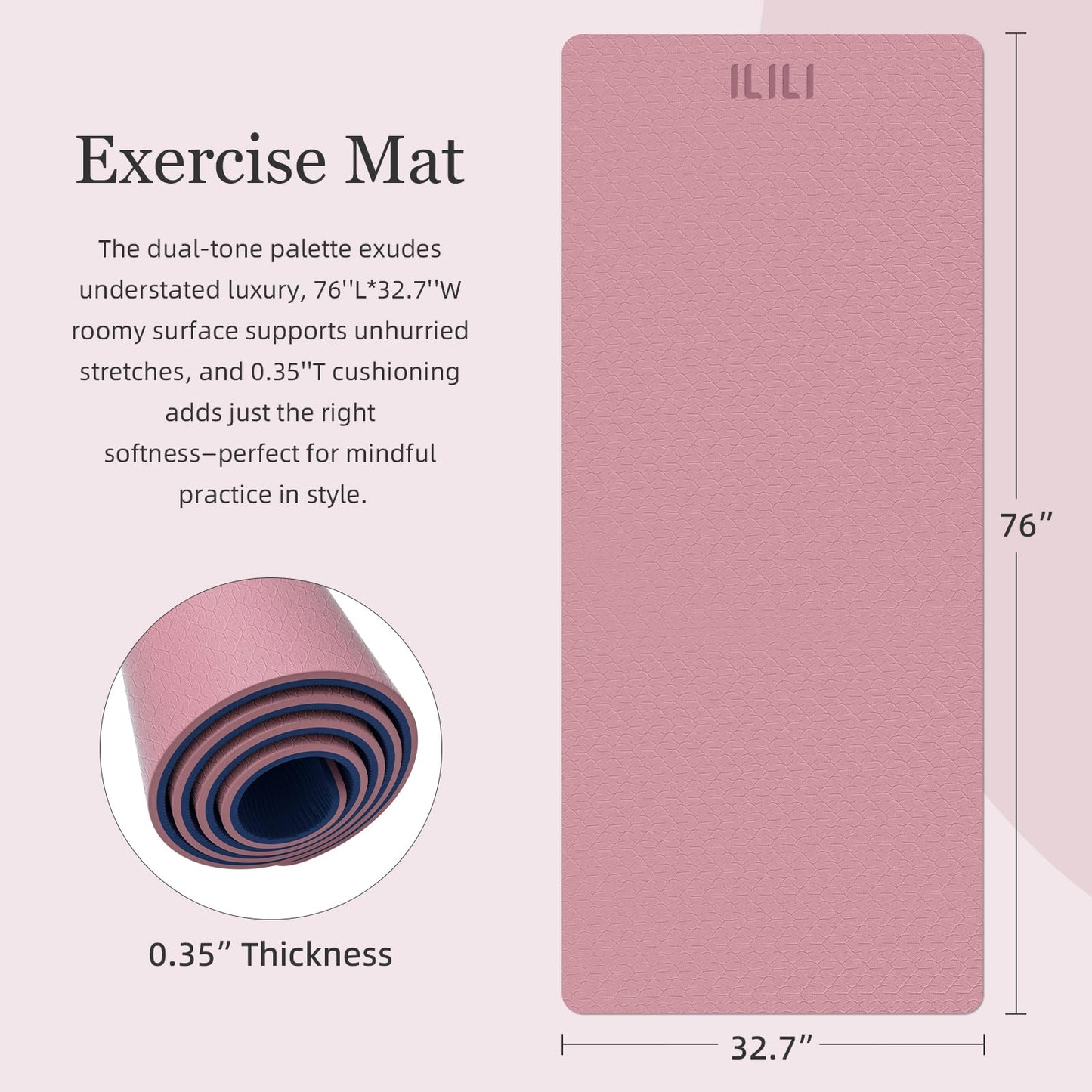 ILILI Yoga Mat Thick Soft Exercise Mat for Home Gym, Anti-Tear Cushioned Mat for Men Women, 76"x32.7"x0.35" for Stretching, Pilates(Pink + Dark Blue)