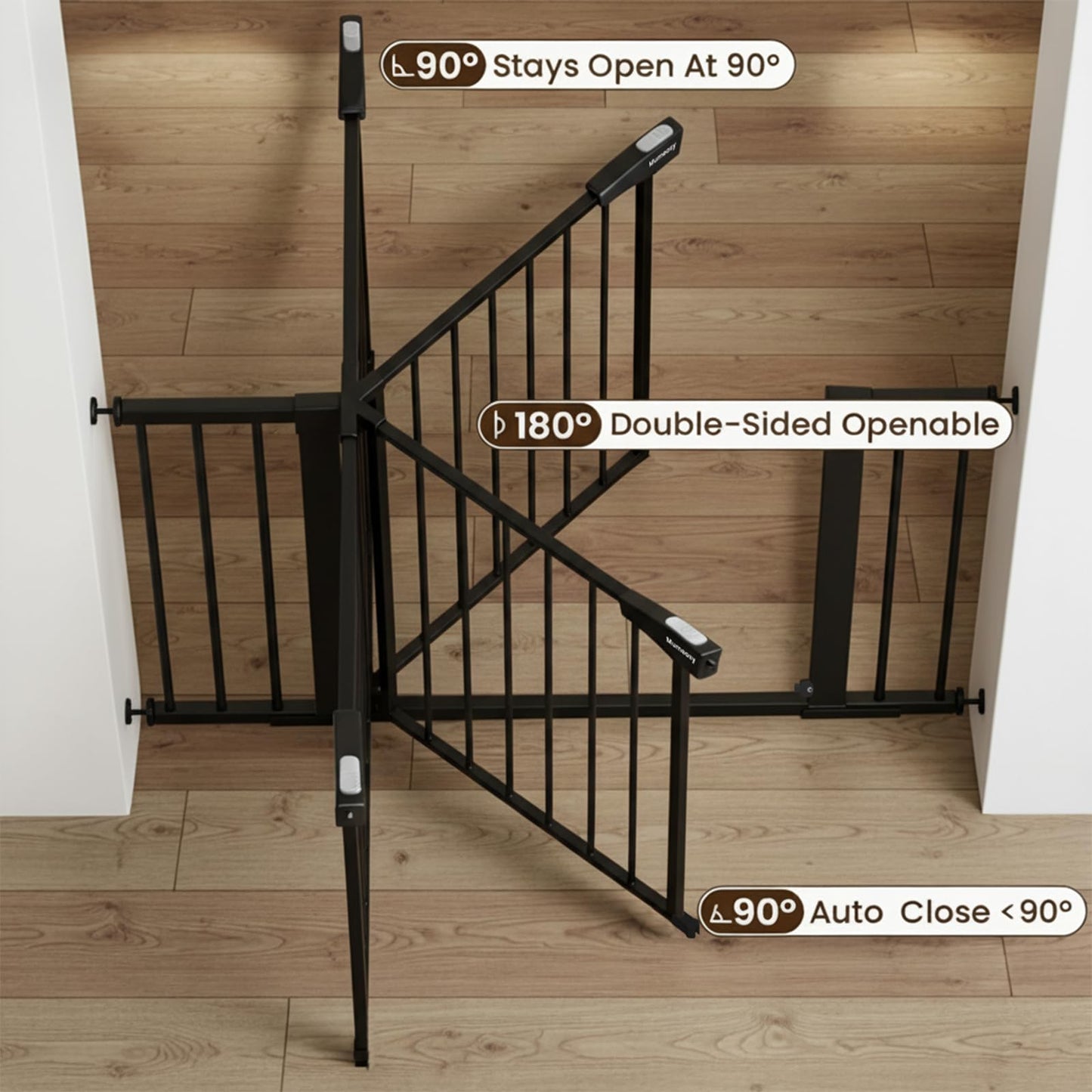 Mumeasy Baby Gate Extra Wide, 29.7-51'' Pressure Mounted Dog Gate with Walk Thru Door, Auto Close Pet Gate for House, Stairs, Doorways,Black