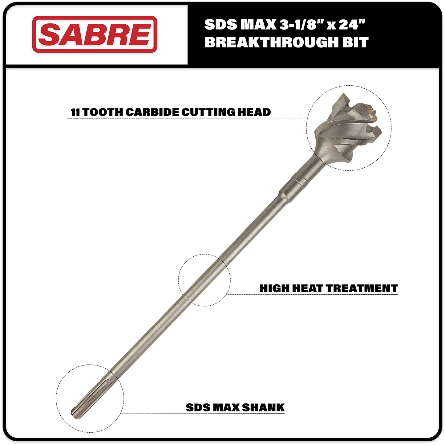 Sabre Tools 3-1/8 in x 20 in x 24 in SDS MAX Breakthrough Bit, Thru Hole Bit Carbide Tipped, Multi-Cutting Head for Concrete, Brick, Stone