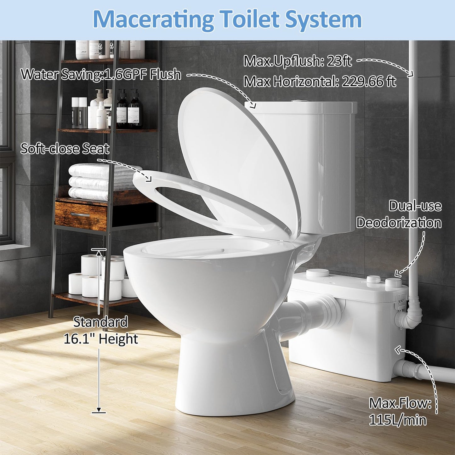 Simple Project Macerating Toilet System with 4-Inlet, Upflush Toilet for Basement, Powerful 1.6GPF Flush & Quiet 500W Macerator Pump System, Durable Pump, Extension Pipe - Easy Install, Space Saving