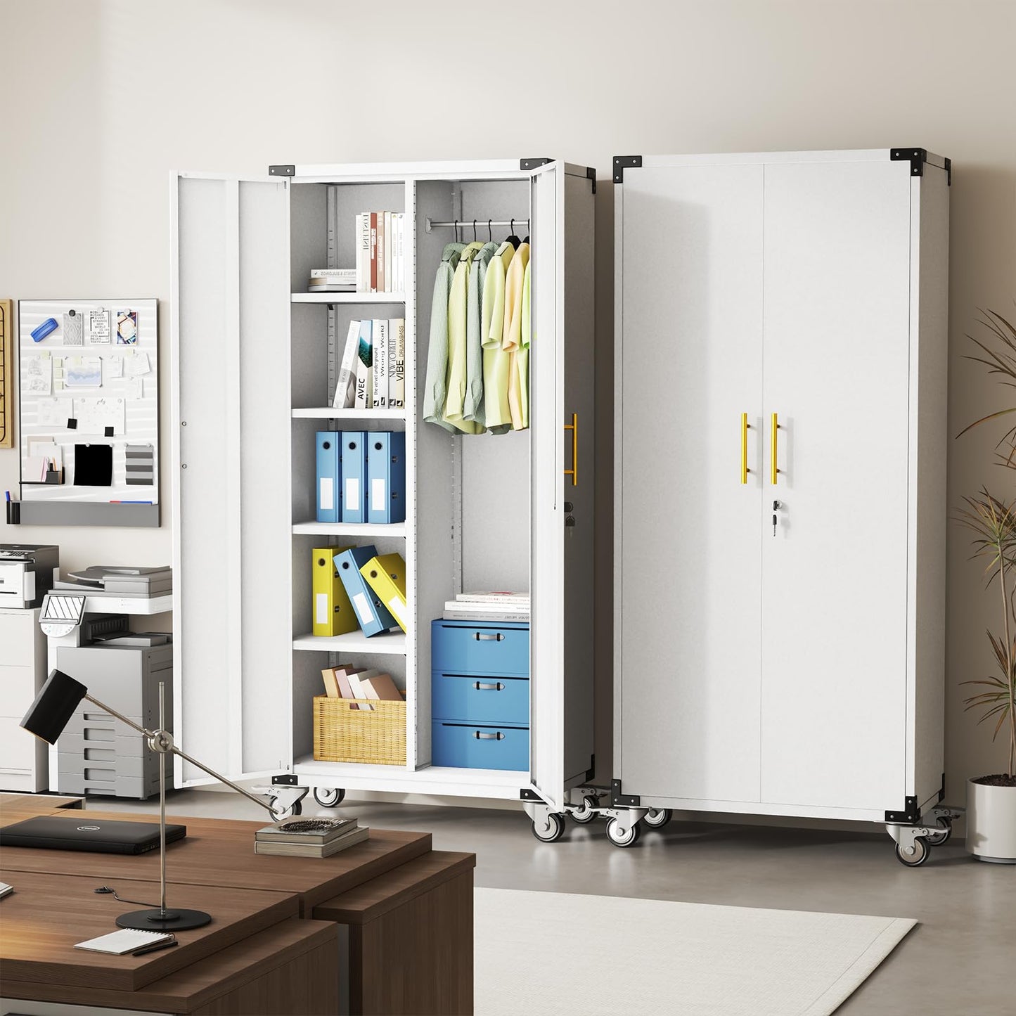 pozdeg Broom Closet Garage Storage Cabinet with Wheels, 71" Metal Cleaning Cabinets with Hooks and Hanging Rods, Tall Freestanding Lockable Tool Utility Cabinet for Home, Office (White)