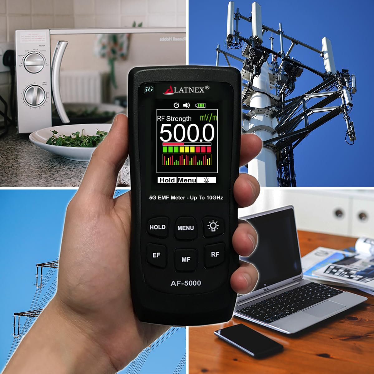 LATNEX AF-5000 5G EMF Meter with Aluminium Carrying Case and Calibration Certificate. Measures RF up to 10GHz, Magnetic Fields(Gauss), and Electrical Fields