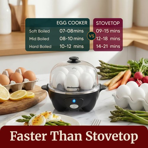 Elite Gourmet Rapid Egg Cooker - Perfectly Cook 7 Hard, Medium, Soft Boiled Eggs | Auto Shut-Off, Black