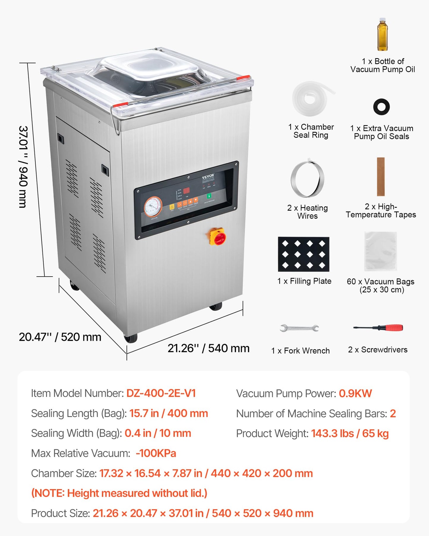 VEVOR Chamber Vacuum Sealer, 100kPa Powerful Vacuum Sealing Machine, LED Screen, One-Touch Compact Meat Packing Machine with 2 Sealing Strips & 60 Vacuum Bags, for Dry & Wet Food Preservation