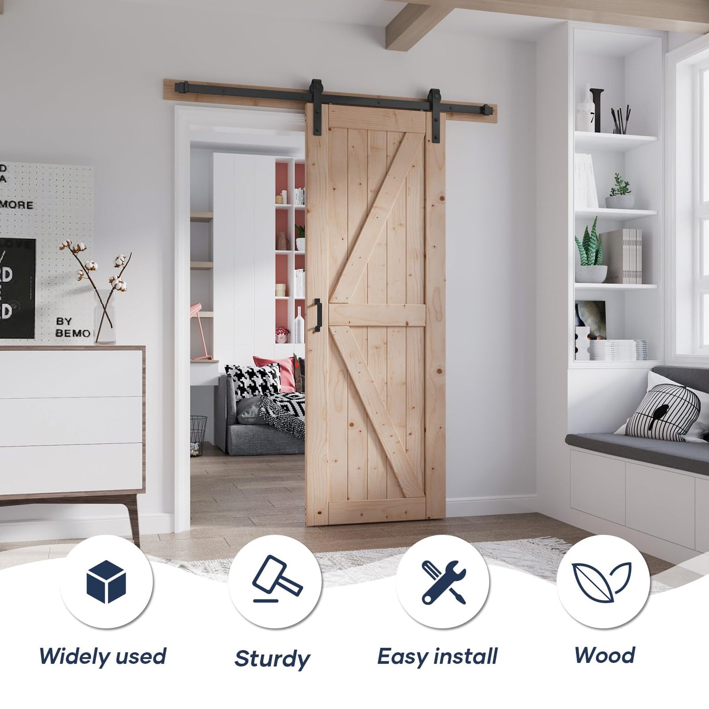 FREDBECK 32in x 84in Sliding Barn Door with 5.5FT Barn Door Hardware Kit Included Wood K Shape Solid Spruce Panel Need to Assembly