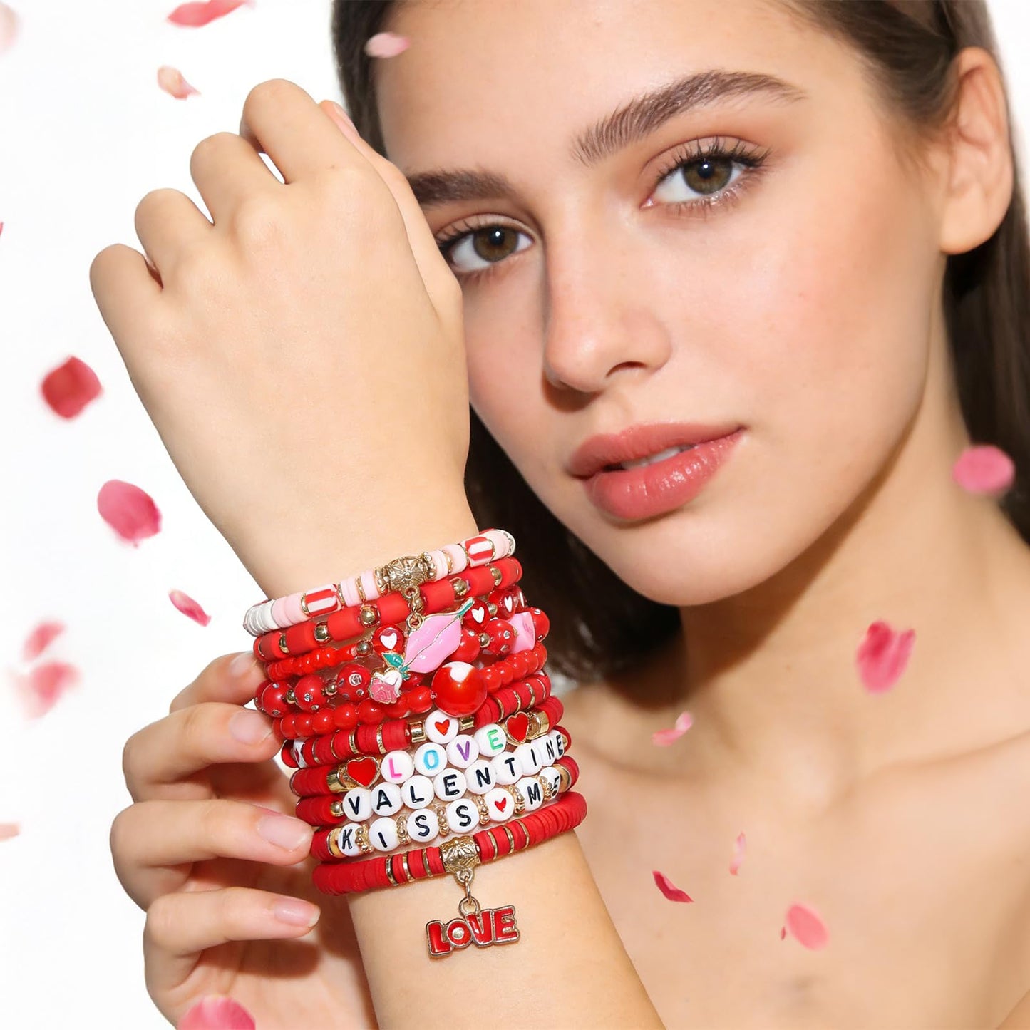 Tinrbip 40 Pcs Valentines Bracelets Kit, Clay Stretch Valentine Bracelets for Women, Cute Love Kiss Heart Friendship Bracelet, Stackable Valentines Day Bracelet Bulk, Valentine's Day Jewelry