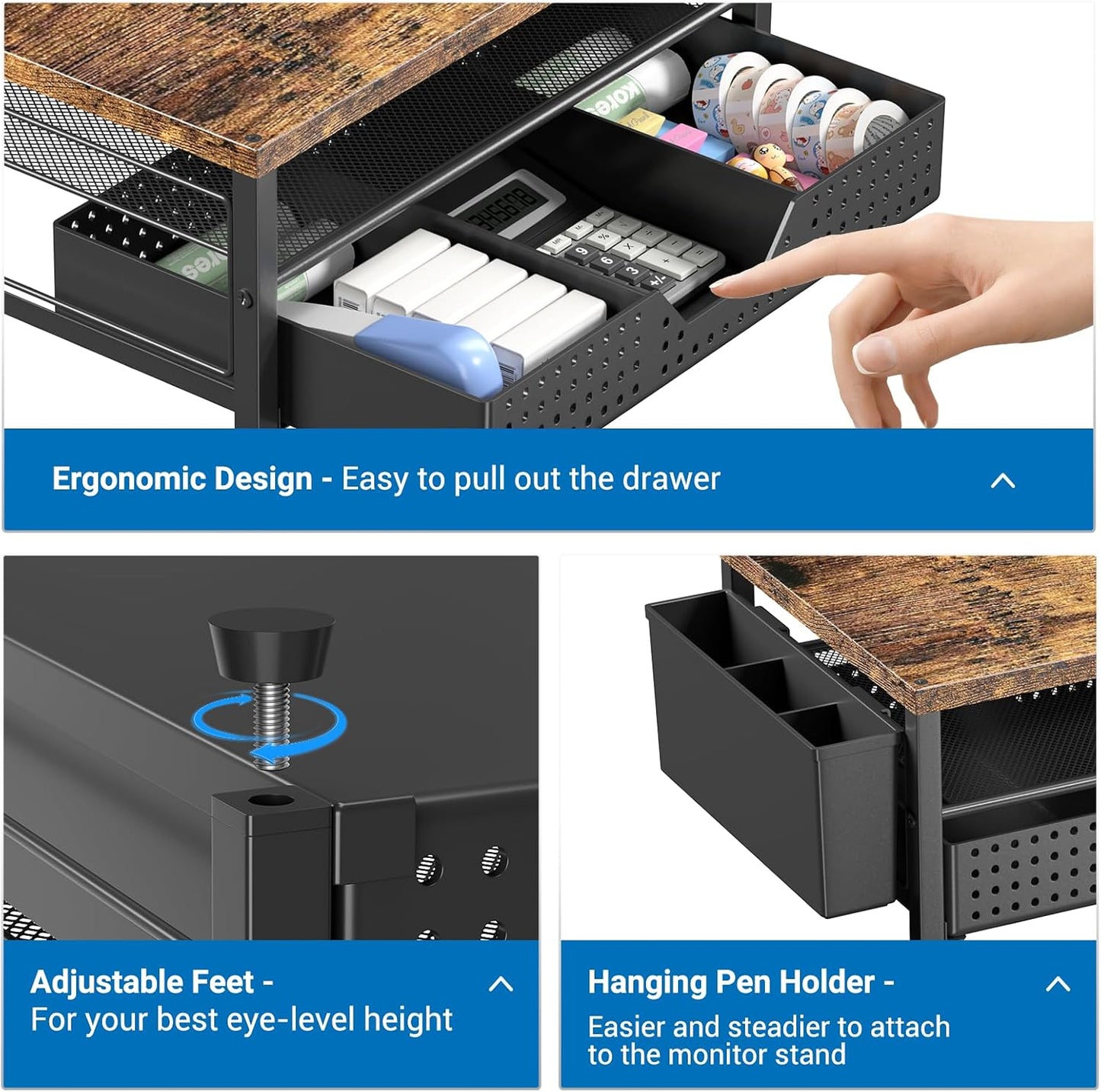 Wood Metal Monitor Stand Riser, Laptop Stand for Desk, Office Desk Organizer and Accessories, Computer Desktop Shelf