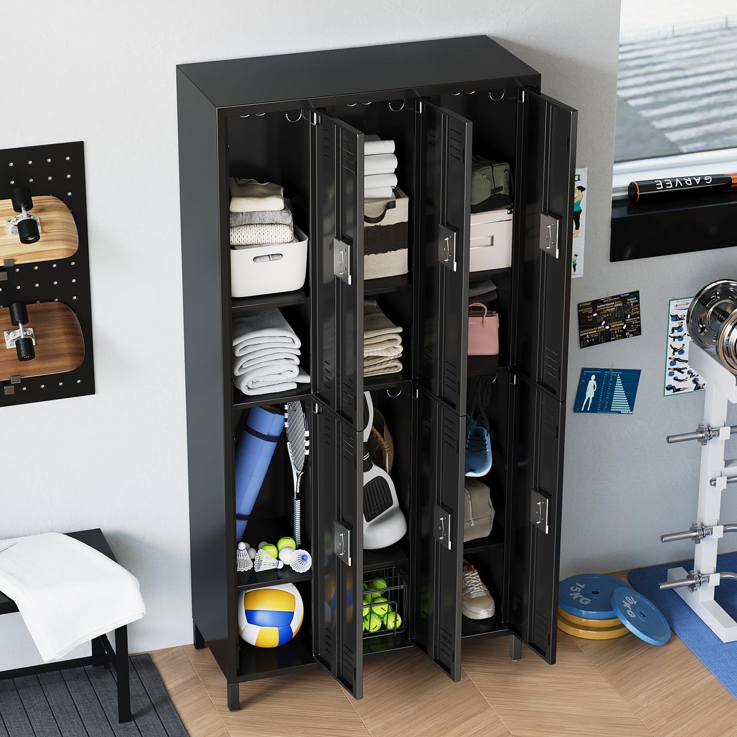 72" Industrial-Grade 9-Door Steel Storage System - 9 Shelves + 29 Multi-Purpose Hooks, Modular Locker Cabinet for Warehouse/School/Home Gym (Reinforced Steel Frame + Anti-Slip Base Plates) - Black