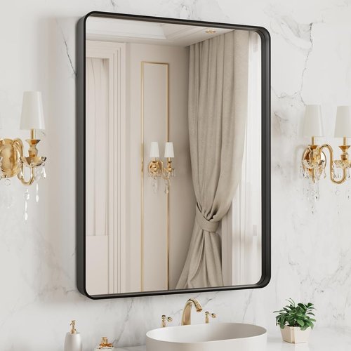 LOAAO Black Metal Framed Bathroom Mirror - 20x16 Inch Rounded Rectangle, Anti-Rust, Versatile Hanging Options
