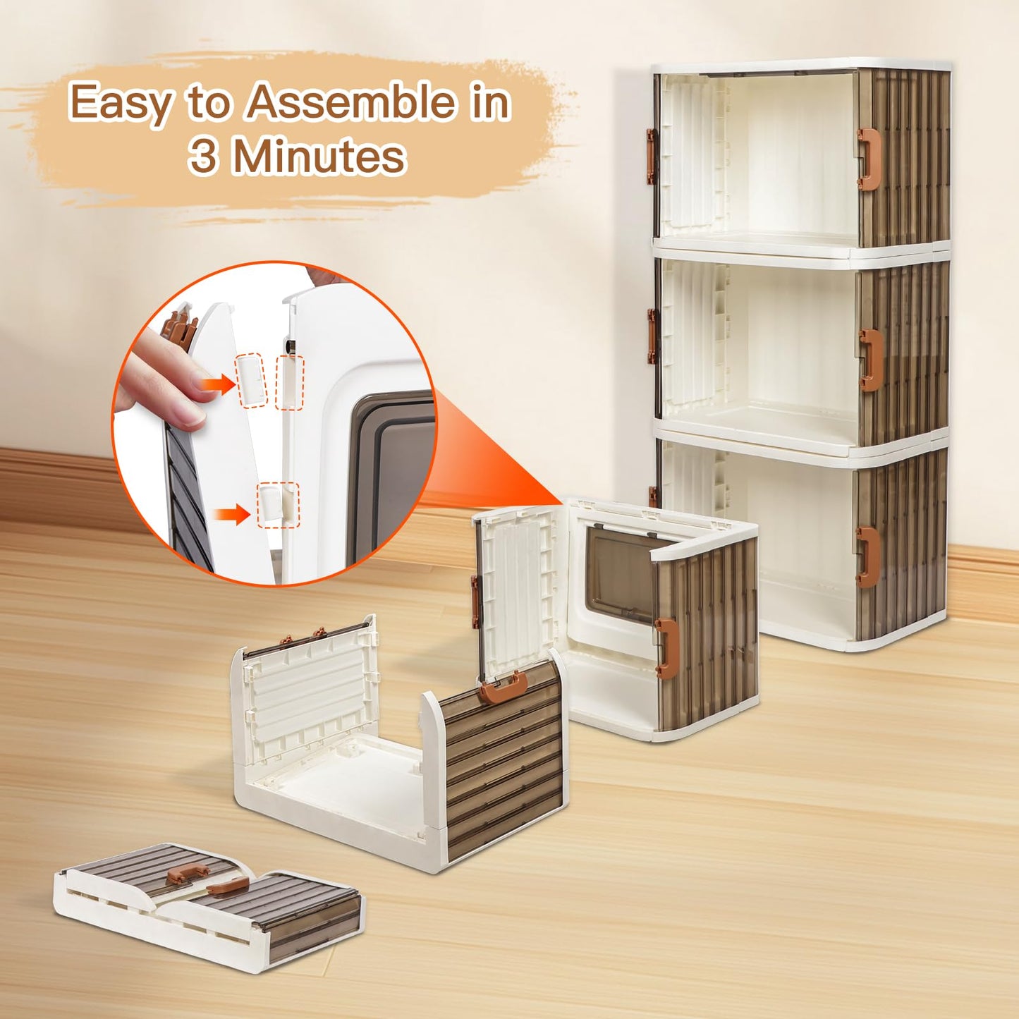 CIWEI Foldable Storage Cabinet with Wheels, 3 -Tier Stackable Storage Bins with Doors and Wheels Adjustable Shelves for Kids Free Standing Shoe Shelf Cabinet for Kitchen Bathroom