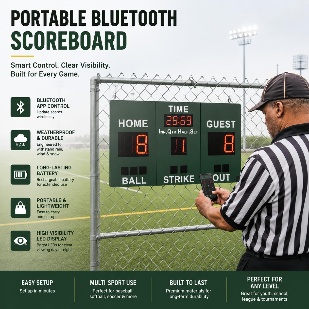Mobile Score Portable Scoreboard Kit LED Digital Scorer Bluetooth APP Control, Positive Countdown/Stopwatch/Score Display for Baseball, Basketball, Rugby, Football, Tennis, Badminton, Table Tennis