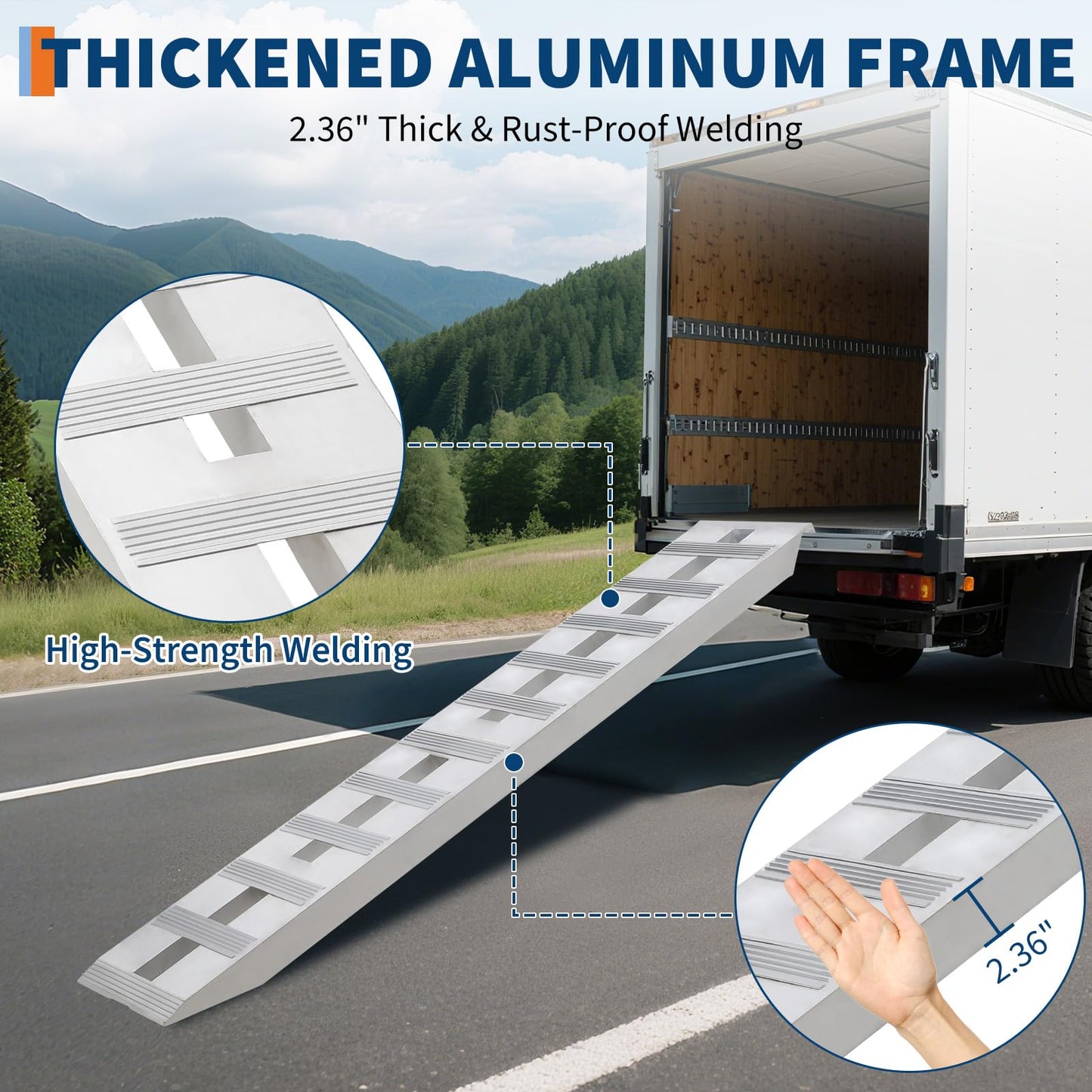 Heavy Duty Aluminum Loading Ramps 6000Lbs Capacity, Non-Slip Rungs, Top Hook & Adjustable Safety, Universal Trailer Ramps for Trucks, Tractors, ATV/UTV, Motorcycles (2Pcs)