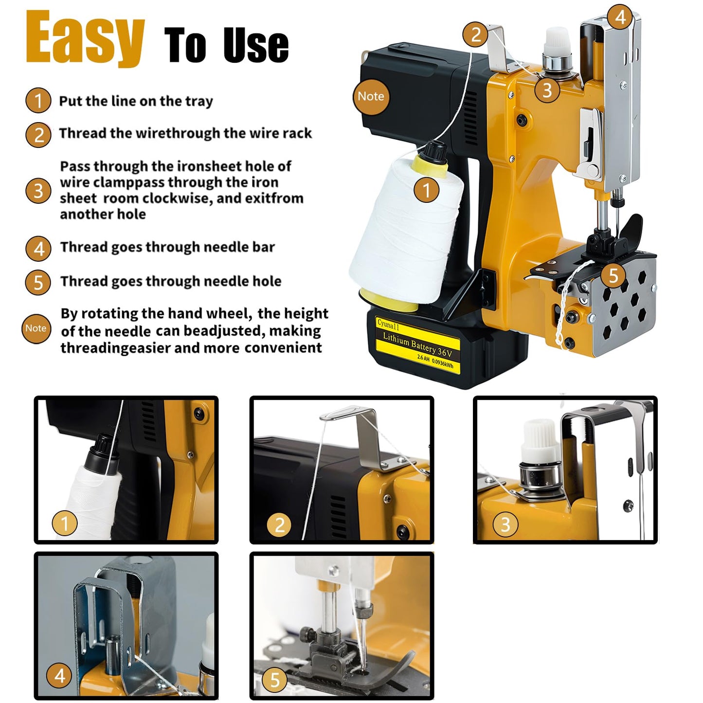 Bag Sewing Machine-Portable Battery Handheld Cordless Bag Sewing Machine,Automatic Bag Stitcher With Thread for Burlap Sack, Canvas,Feed Sacks,Rice Bags,Jute Bags,Seed Bags(Machine+1 battery)-Yellow